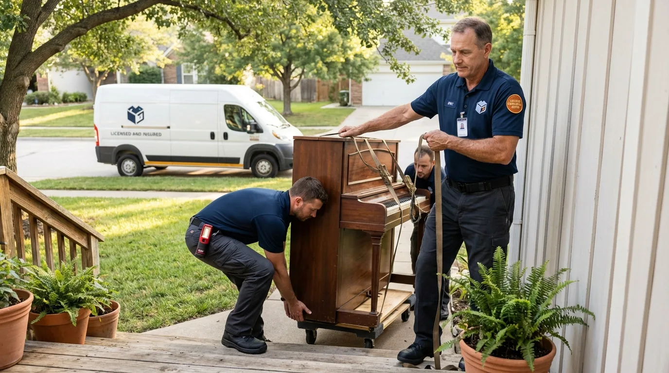 Licensed piano movers securing grand piano in Attica, IN