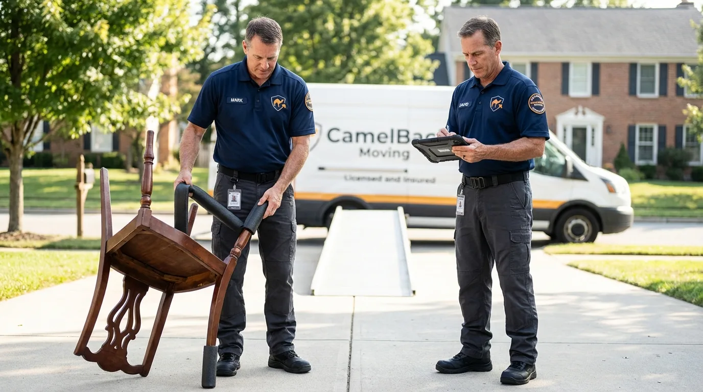 Movers inspecting furniture for damage prevention before loading in Attica, IN