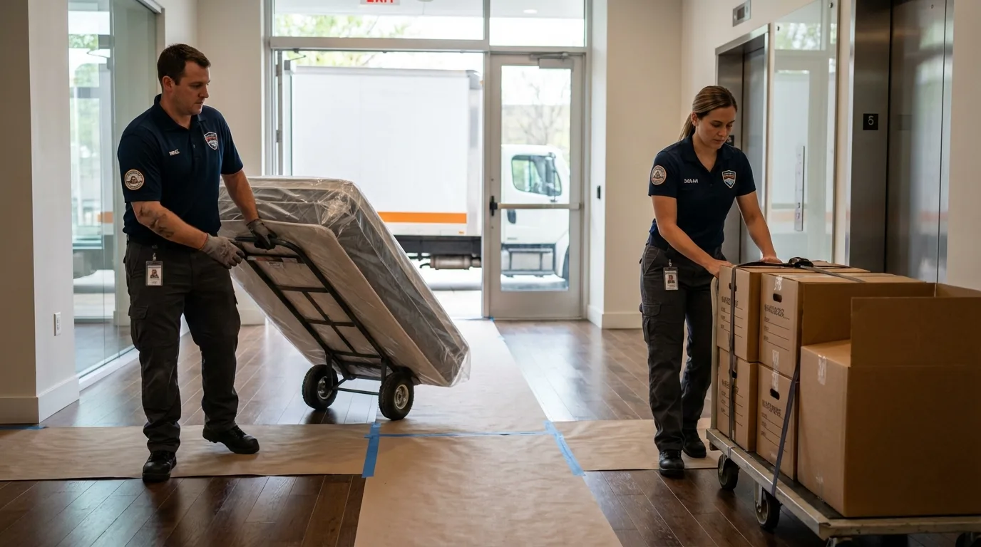 Professional apartment movers loading elevator in Attica, IN