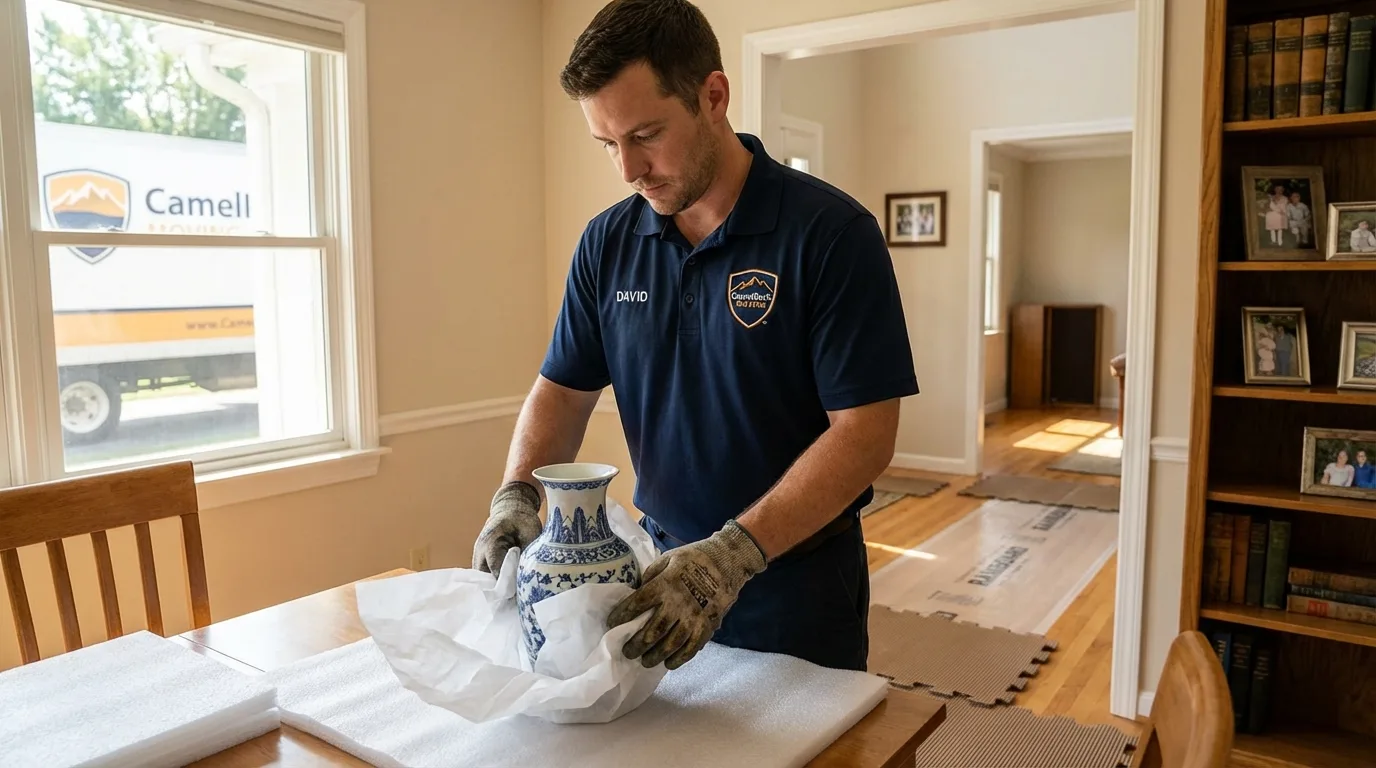 Professional crew carefully wrapping antique vase for senior downsizing move in Attica, IN